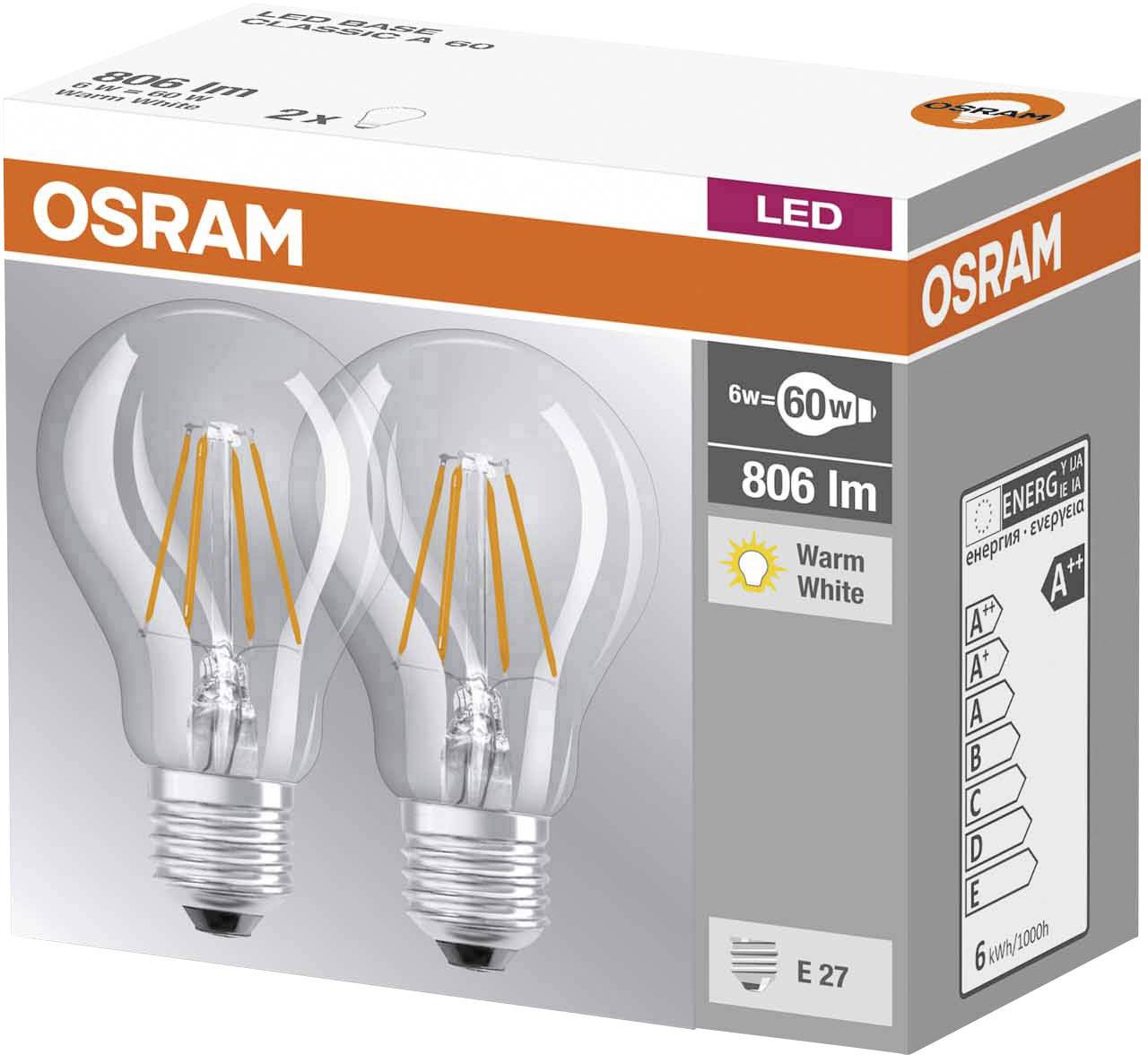 Osram 4052899972162 LED EEK E (A - G) E27 Glühlampenform 6W = 60W Warmweiß (Ø x L) 60mm x 105mm Filament 2St.