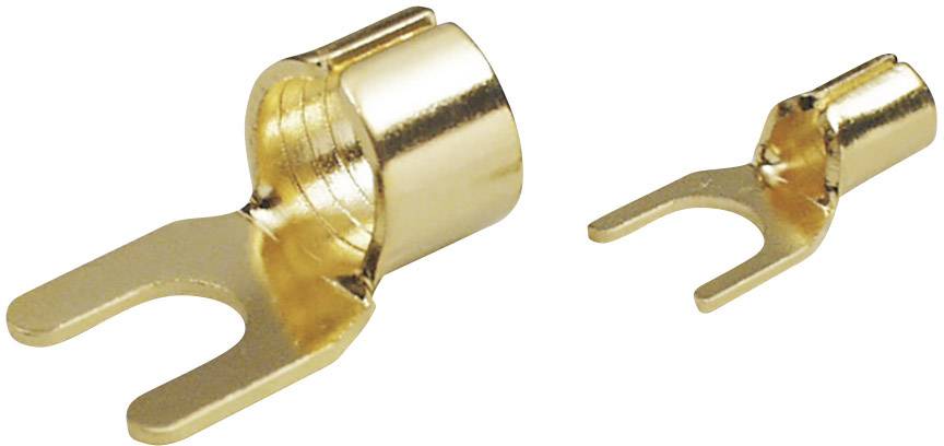Zwei goldfarbene Gabelkabelschuhe unterschiedlicher Größe, nebeneinander auf weißem Hintergrund, für die elektrische Verbindung.
