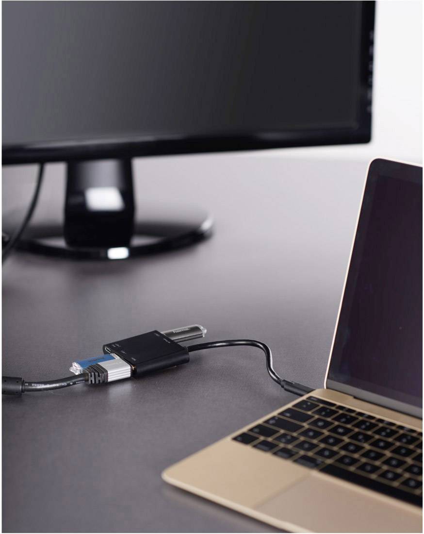 Hama 00135729 USB / HDMI Adapter [1x USB-C® Stecker - 2x USB 3.2 Gen 1 Buchse A (USB 3.0), HDMI-Buchse, USB-C® Buchse] Schwarz vergoldete Steckkonta