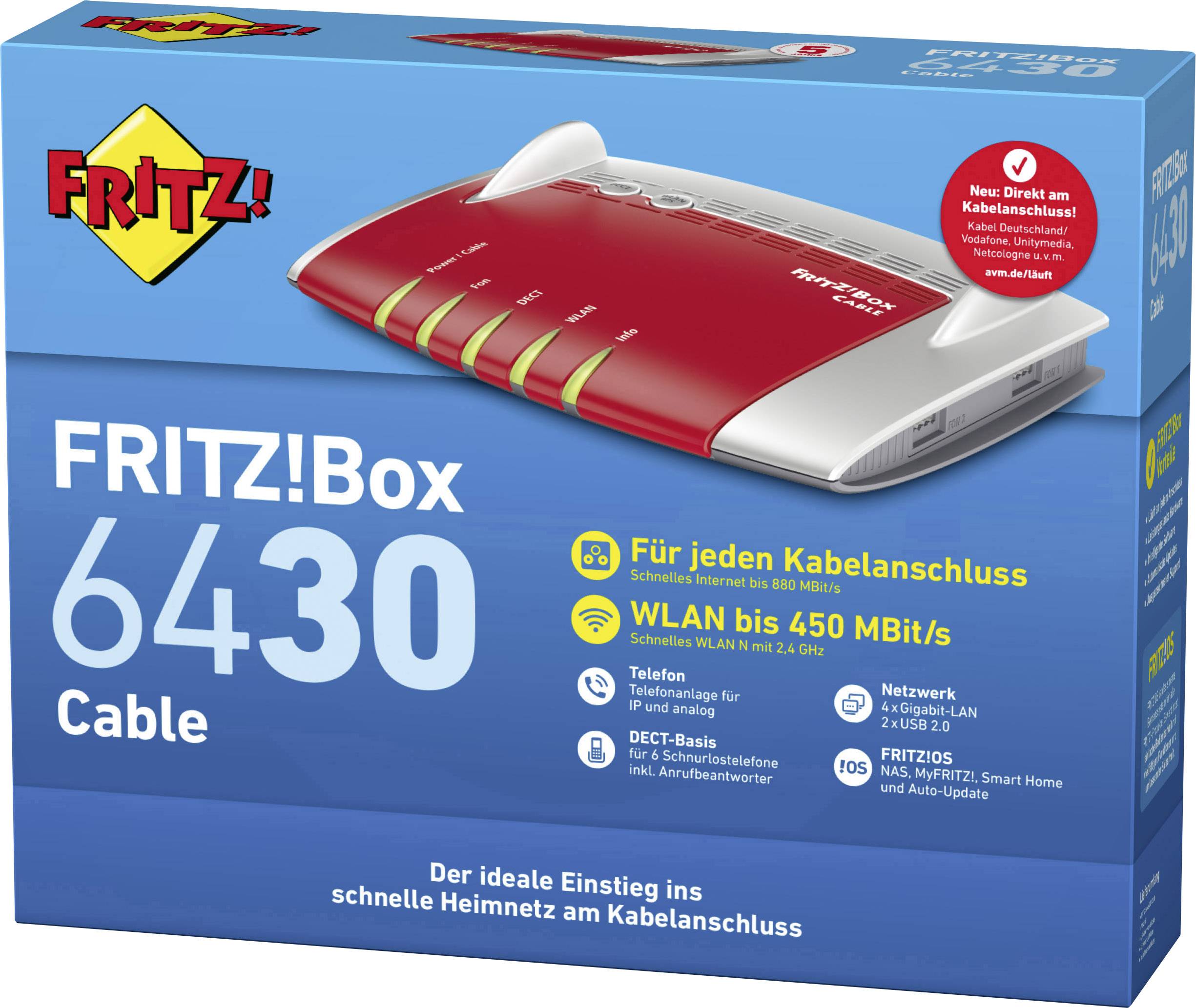 AVM FRITZ!Box 6430 Cable WLAN Router mit Modem Integriertes Modem: Kabel 2.4GHz 450MBit/s