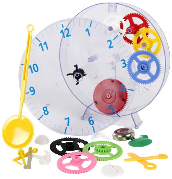 Baukasten für eine Uhr mit durchsichtigen Zahnrädern, Ziffernblatt und gelbem Zeiger. Enthält bunte Zahnräder und Uhrenteile.