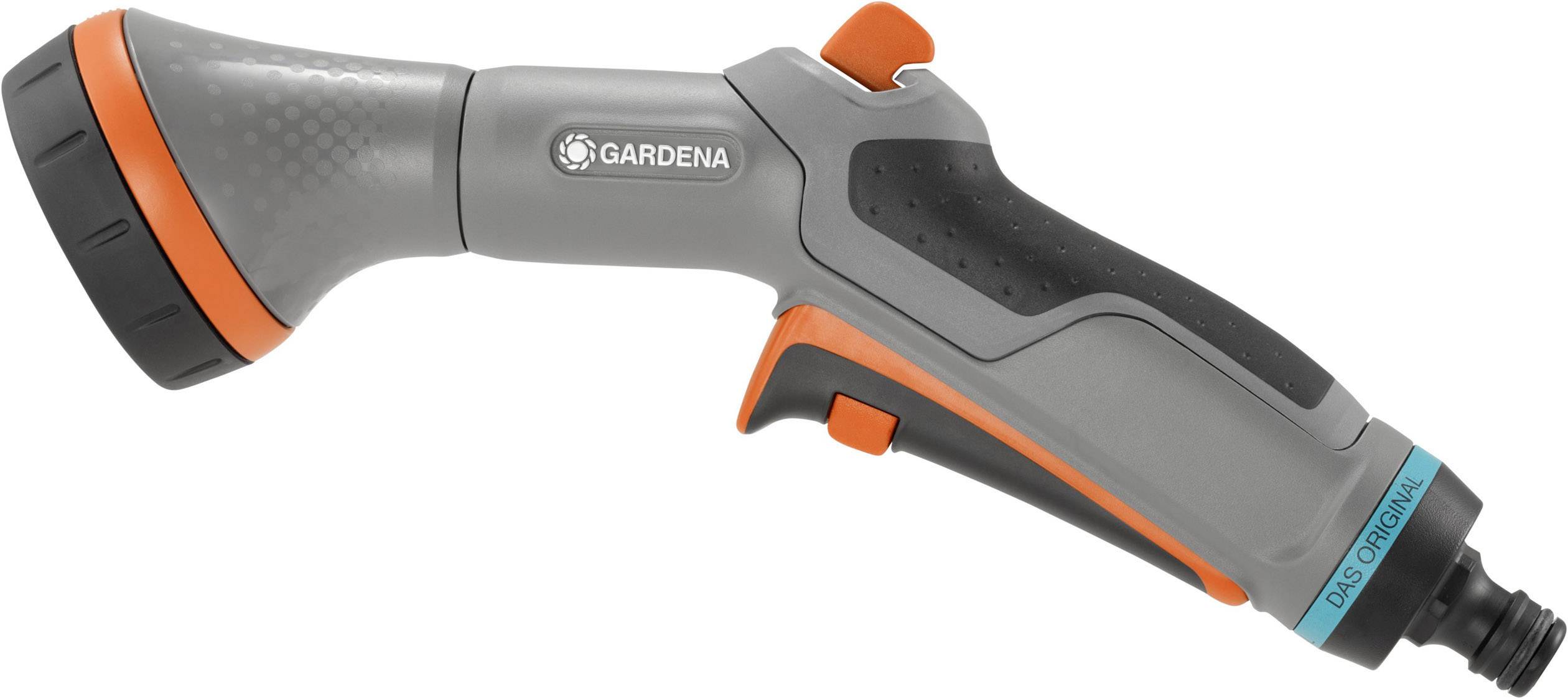 Grau-oranger Gartenschlauch-Sprühkopf mit ergonomischem Griff; Markenlogo 'Gardena' auf dem Schaft.
