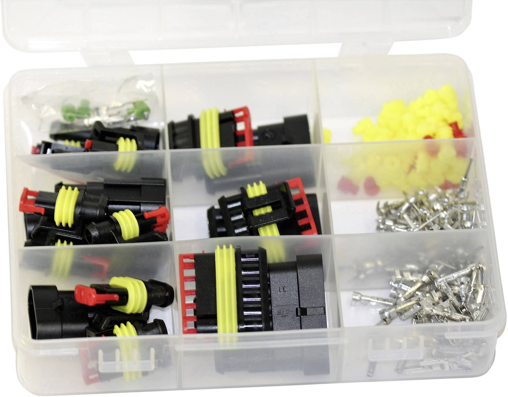 Transparente Kunststoffbox mit getrennten Fächern, die diverse elektrische Steckverbinder, gelbe Gummidichtungen und Metallpins enthält.