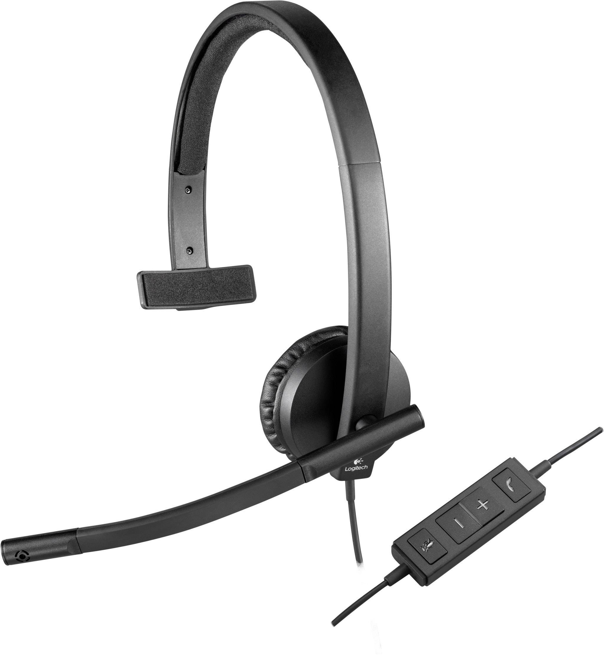 Ein schwarzes Headset mit Mikrofon und Kabel-Fernbedienung mit Lautstärkeregelung und Anrufsteuerung.
