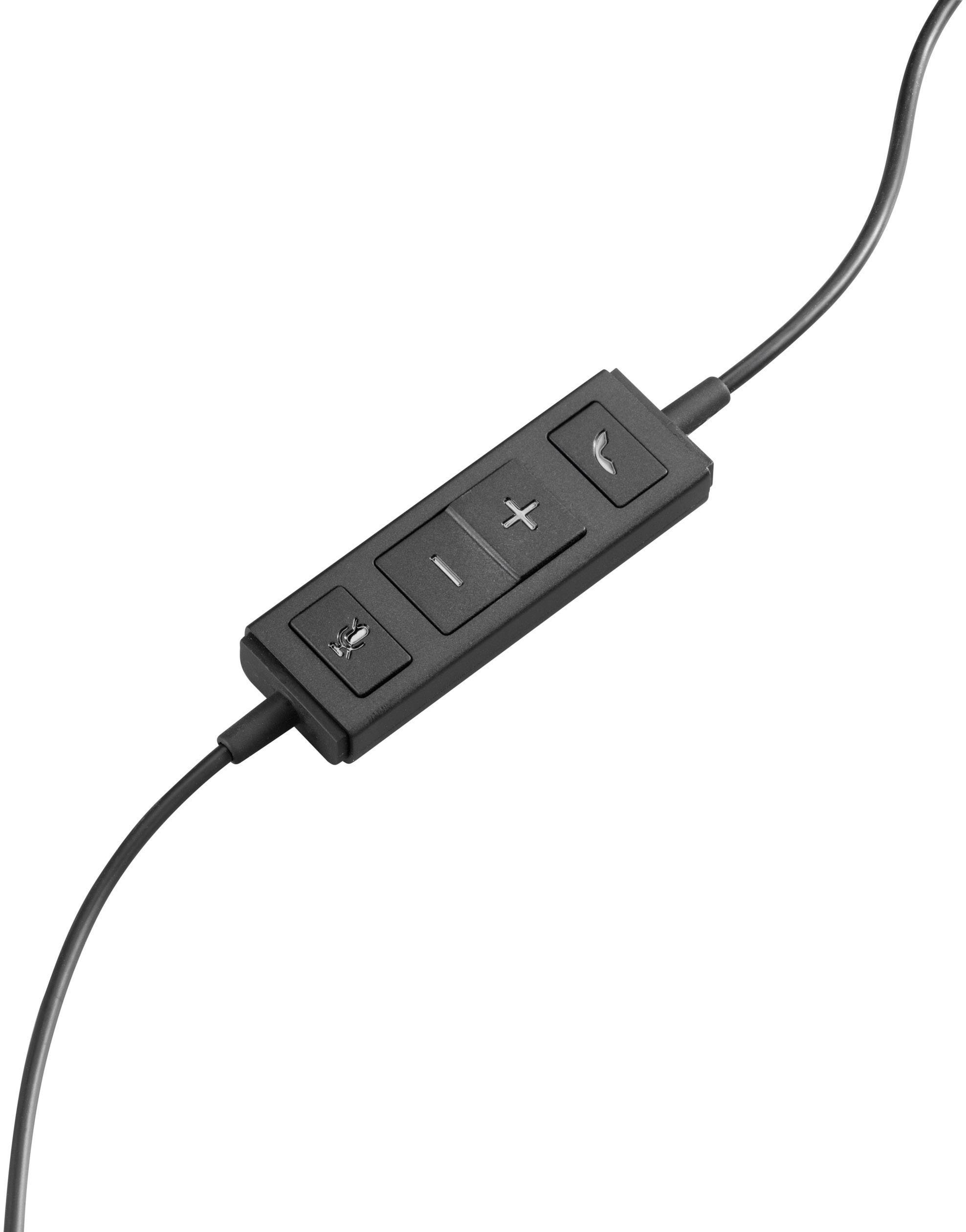 Ein schwarzer In-line-Controller mit Lautstärkeregelung, Mikrofon-Stummschaltung und Anrufannahmetaste auf einem Kabel.