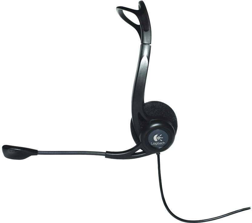 Schwarzes kabelgebundenes Headset mit verstellbarem Mikrofonarm und Ohrmuschel, geeignet für Computer- oder VoIP-Anwendungen.