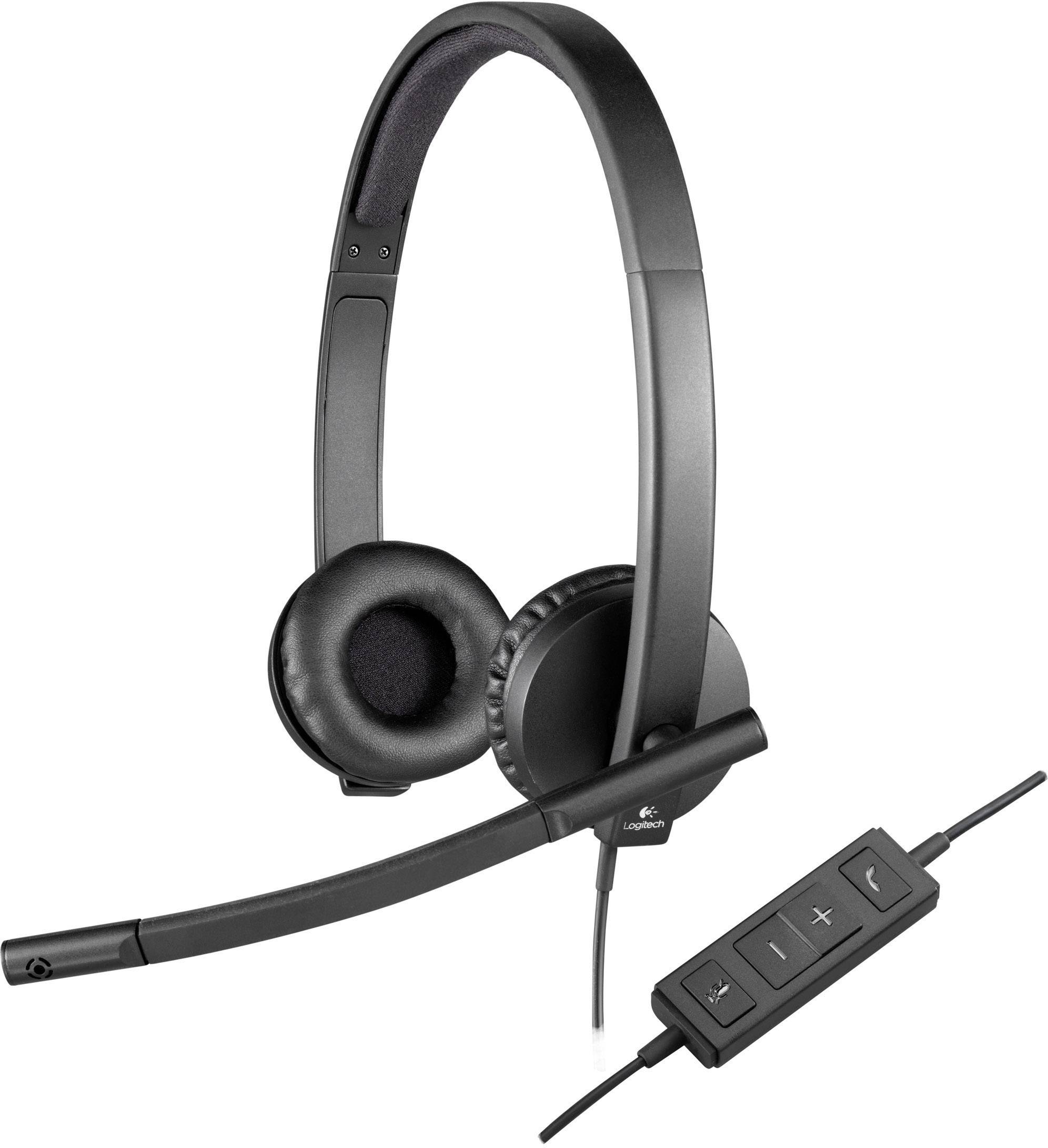 Schwarzes Headset mit Mikrofon und Lautstärkeregler, geeignet für Telefonkonferenzen oder PC-Nutzung.