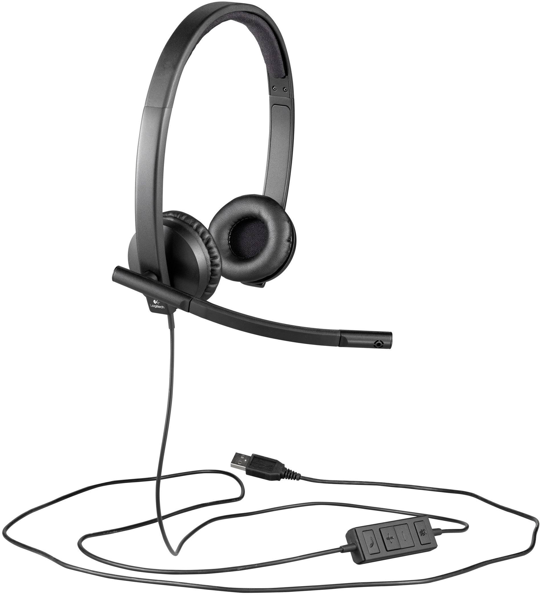 Schwarzes Computer-Headset mit verstellbarem Mikrofon, weichen Ohrpolstern und USB-Anschlusskabel. Ideal für Anrufe oder Online-Meetings.