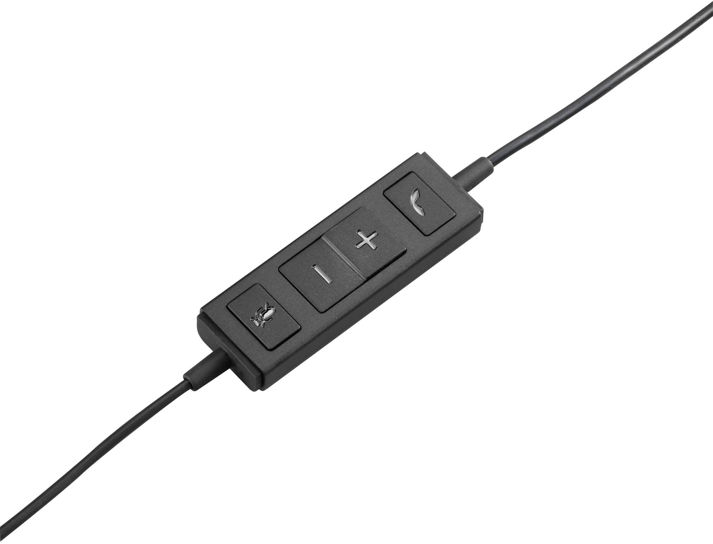 Schwarze Fernbedienung an einem Kabel mit Tasten für Lautstärke ('+' und '-'), Stummschaltung und Anrufannahme.