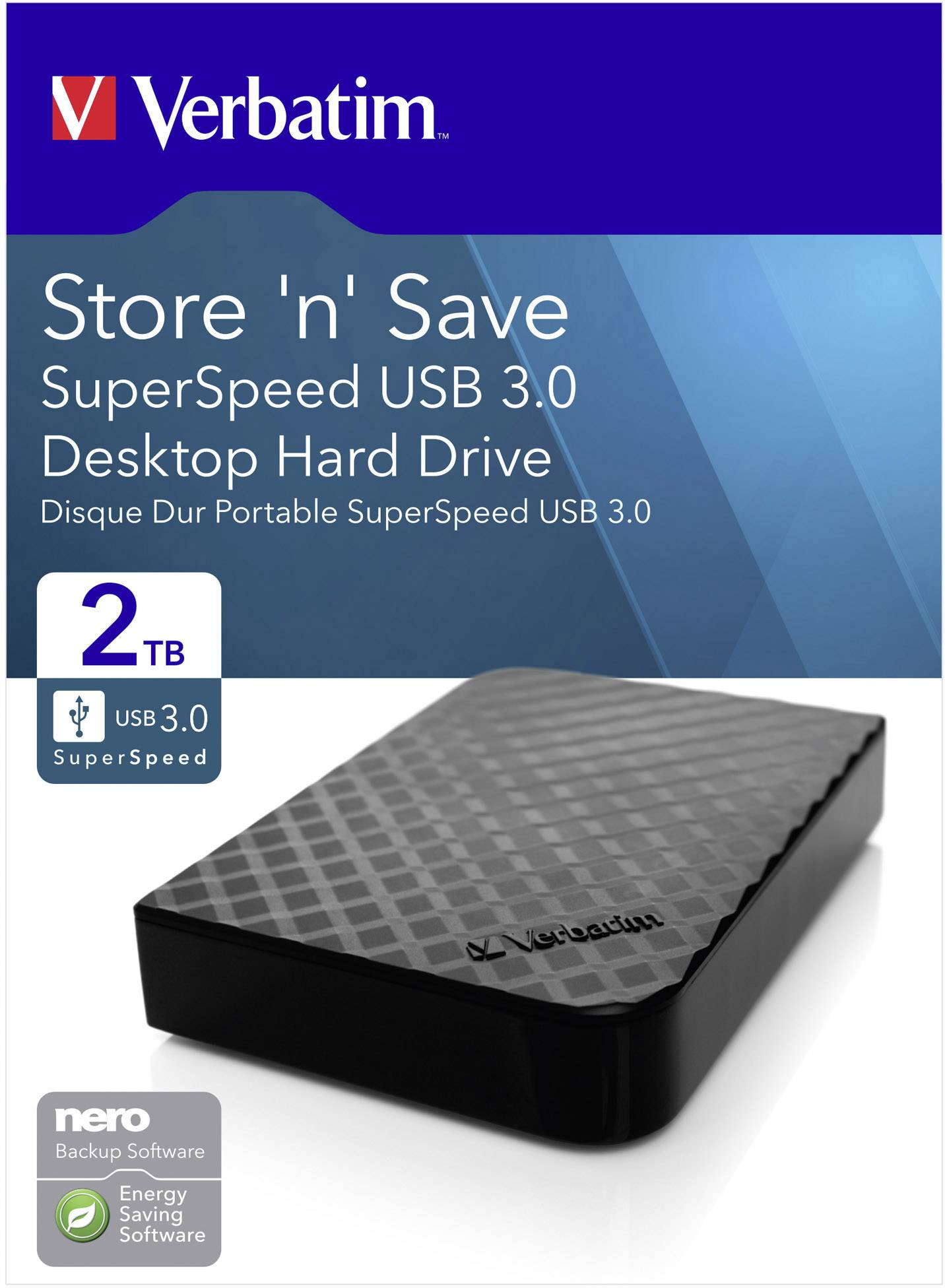 Externe Festplatte 'Verbatim Store 'n' Save', USB 3.0, 2 TB. Verpackung zeigt Produktbild und Highlights wie Energiesparsoftware.