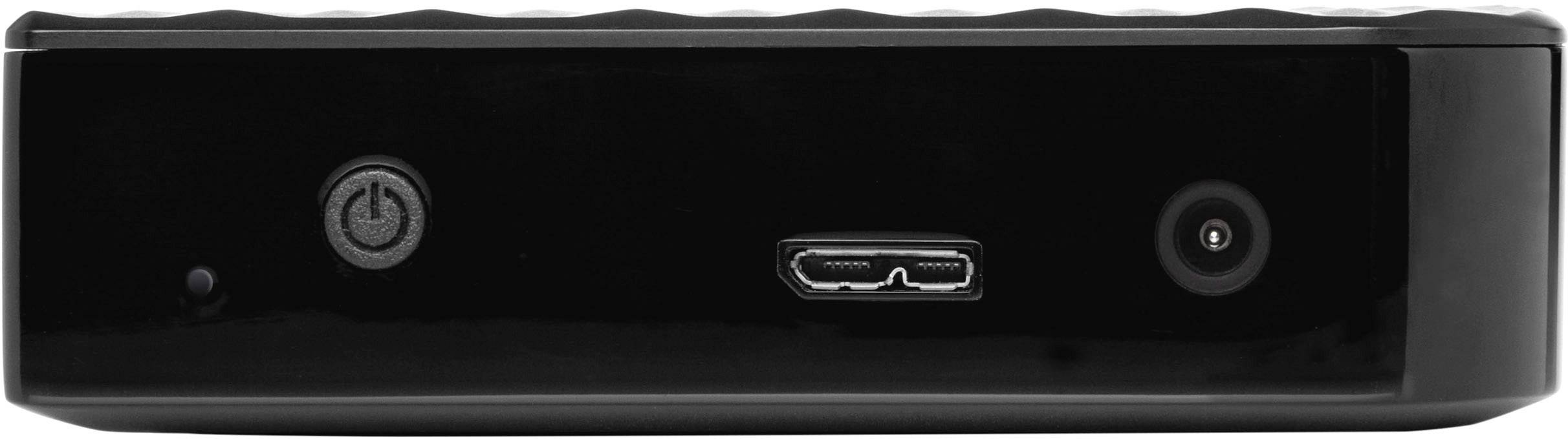 Vorderseite einer externen Festplatte mit USB-Anschluss und zwei Tasten, umgeben von schwarzem Gehäuse.
