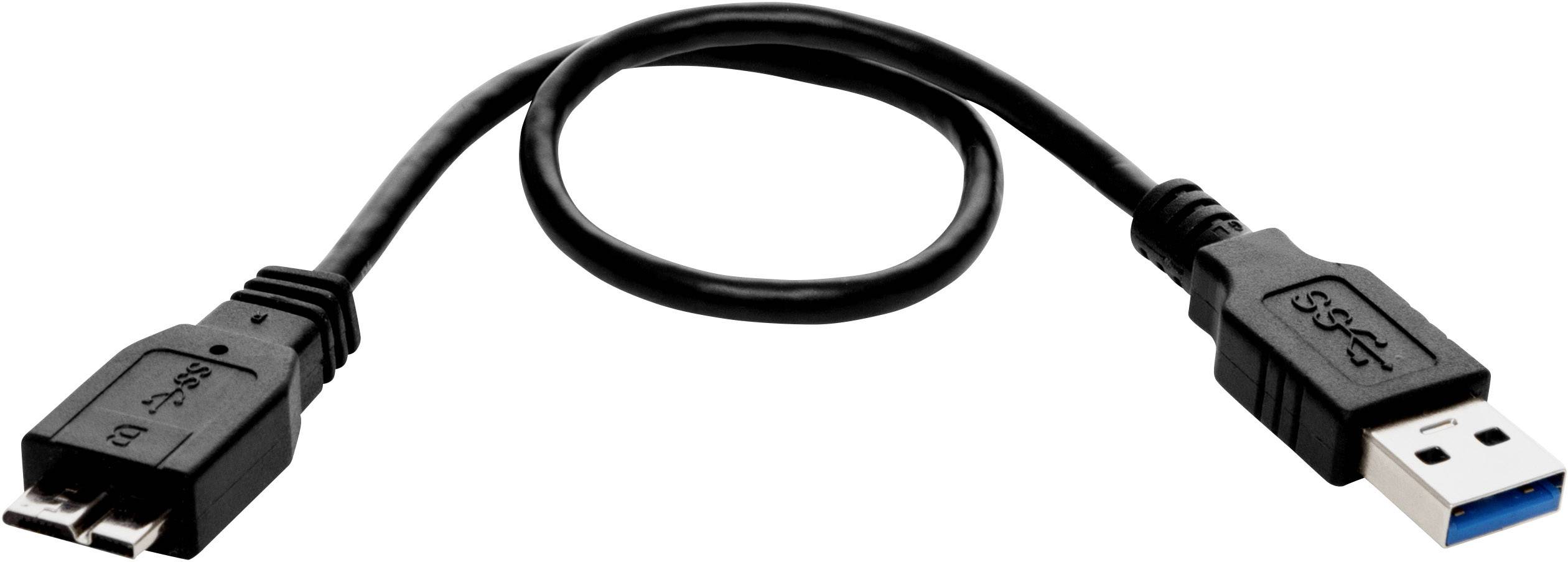 Ein schwarzes USB-3.0-Kabel mit blauen Steckerseiten. Es hat einen Typ-A-Stecker und einen Typ-B-Stecker, geeignet für Datenübertragungen.