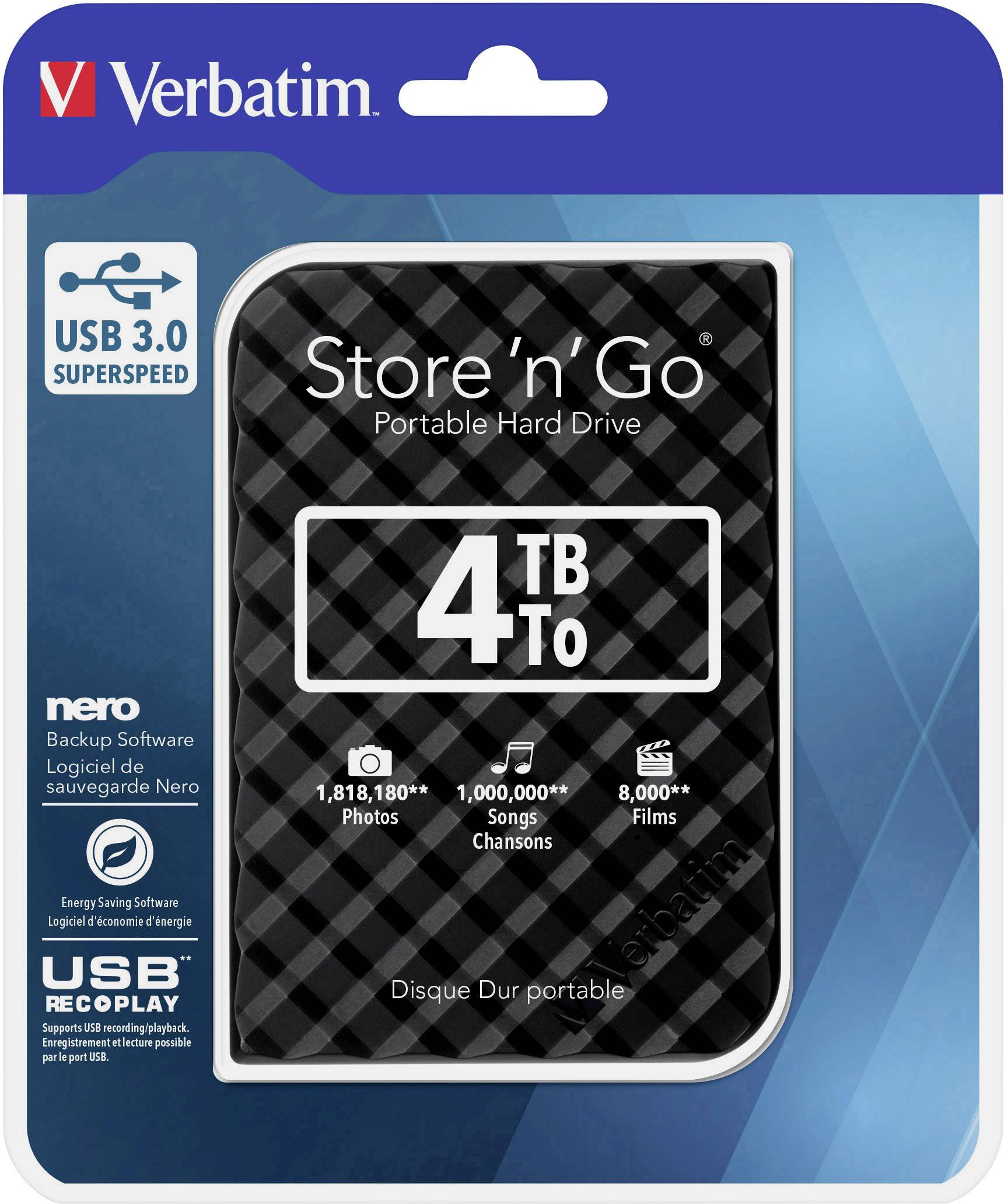 Verbatim Store 'n' Go 4 TB Externe Festplatte 6.35 cm (2.5 Zoll) USB-A (USB 3.2 Gen 1) Schwarz 53223