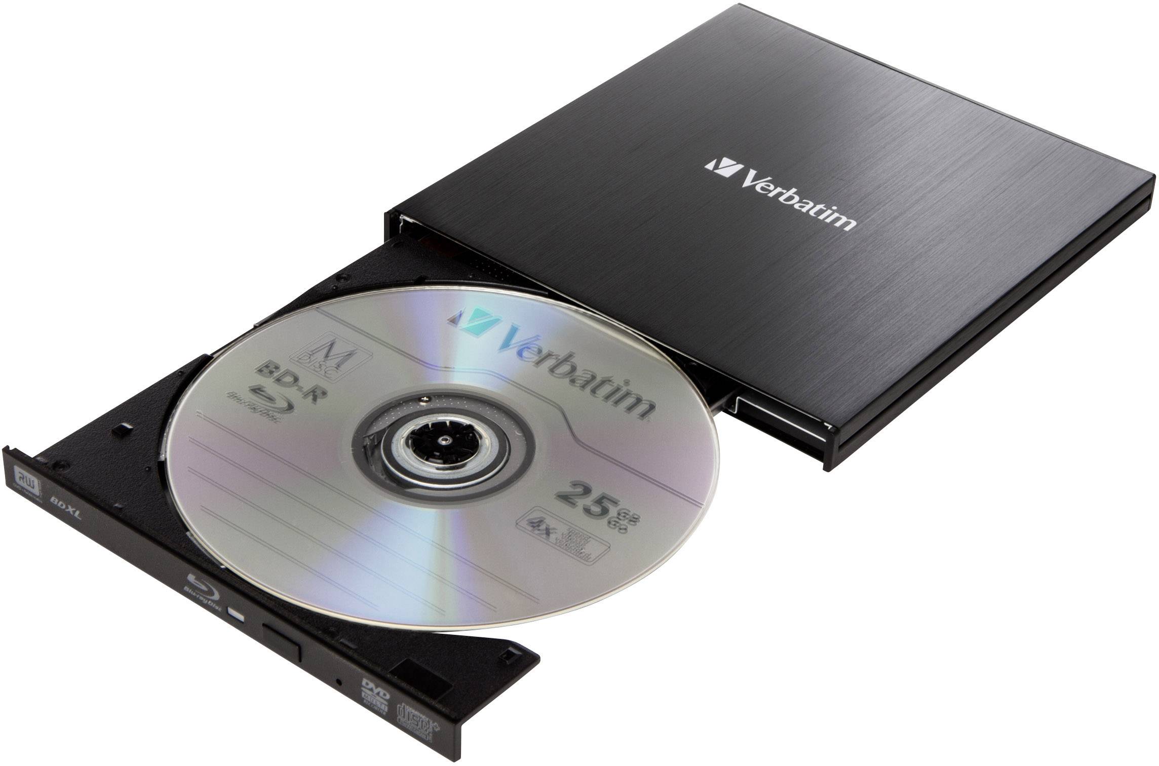 Externes optisches Laufwerk von Verbatim mit geöffneter Schublade, die eine beschreibbare BD-R-Disk zeigt.