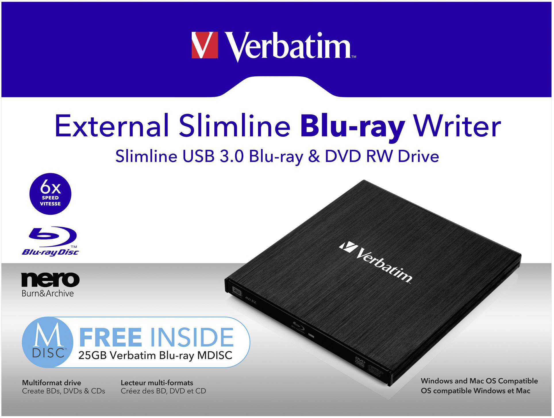 Verbatim Slimline Blu-ray Brenner Extern Retail USB-A (USB 3.2 Gen 1) Schwarz