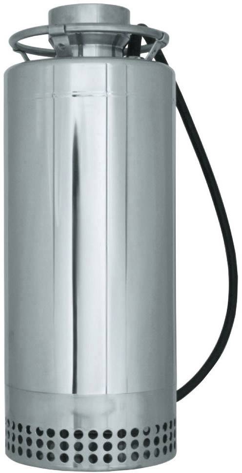 Eine silberne, zylindrische Wasserpumpe mit schwarzem Kabel, geeignet für industrielle Anwendungen.