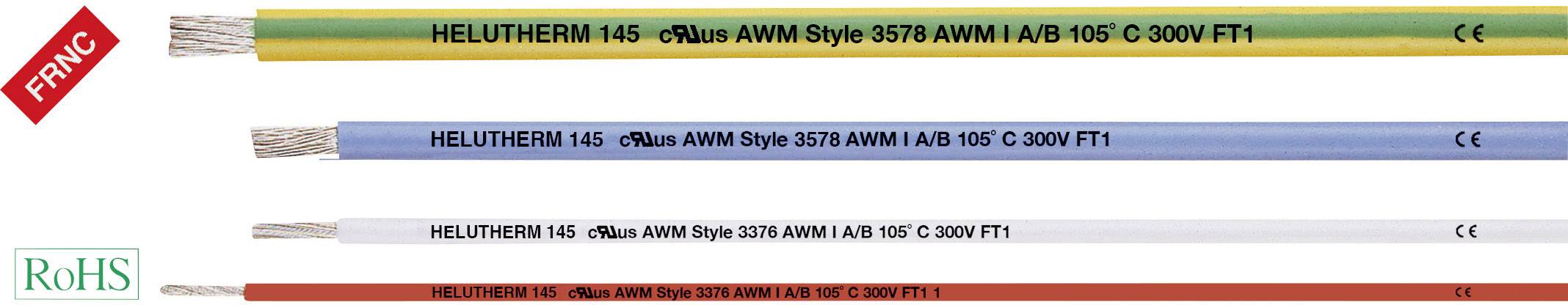 'Helutherm 145' Hochtemperaturkabel in verschiedenen Farben; linke Seite zeigt Prüfungen und Zertifizierungen wie FRNC und RoHS.