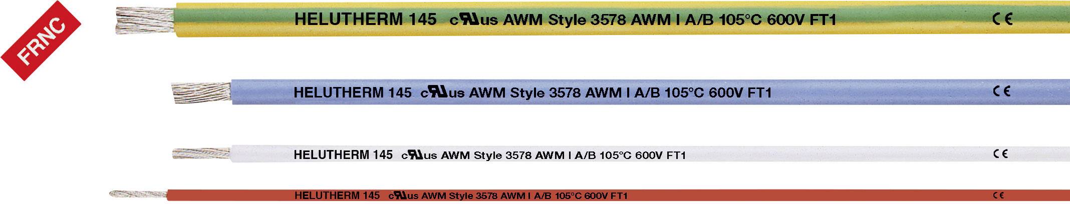 Das Bild zeigt vier Kabel in verschiedenen Farben (gelb, grün, blau, weiß) mit der Aufschrift 'HELUTHERM 145' und technischen Spezifikationen.