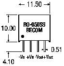'RO-0505S RECOM' Spannungsregler, Abmessungen: 11,50 mm Breite, 10,00 mm Höhe, 4,10 mm Tiefe. Pinbelegung: -Vin, +Vin, -Vout, +Vout.