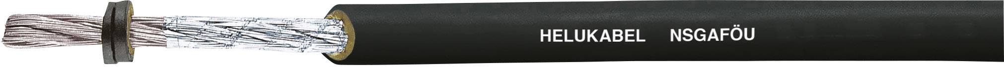 Ein schwarzes Kabel mit der Aufschrift 'HELUKABEL NSGAFOU', das die Isolierung und die freiliegenden Drähte an einem Ende zeigt.