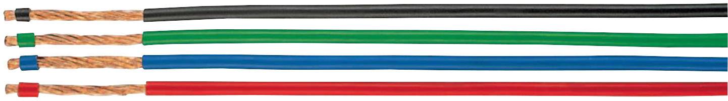 Vier farbige Elektrokabel in Schwarz, Grün, Blau und Rot, jeweils mit kupferfarbenem Drahtkern.