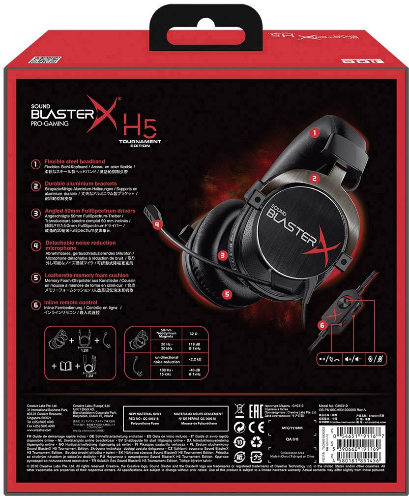 Sound BlasterX Sound BlasterX H5 Tournament Gaming Headset 3.5 mm Klinke schnurgebunden, Stereo Over Ear Schwarz