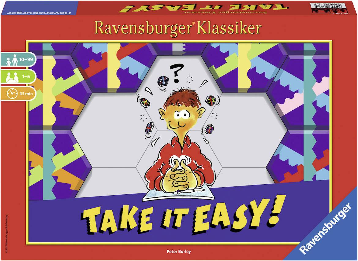 Brettspiel-Verpackung mit der Aufschrift 'Take it Easy!' zeigt eine Illustration eines nachdenklichen Jungen. Spiel für 1-6 Spieler ab 10 Jahren.