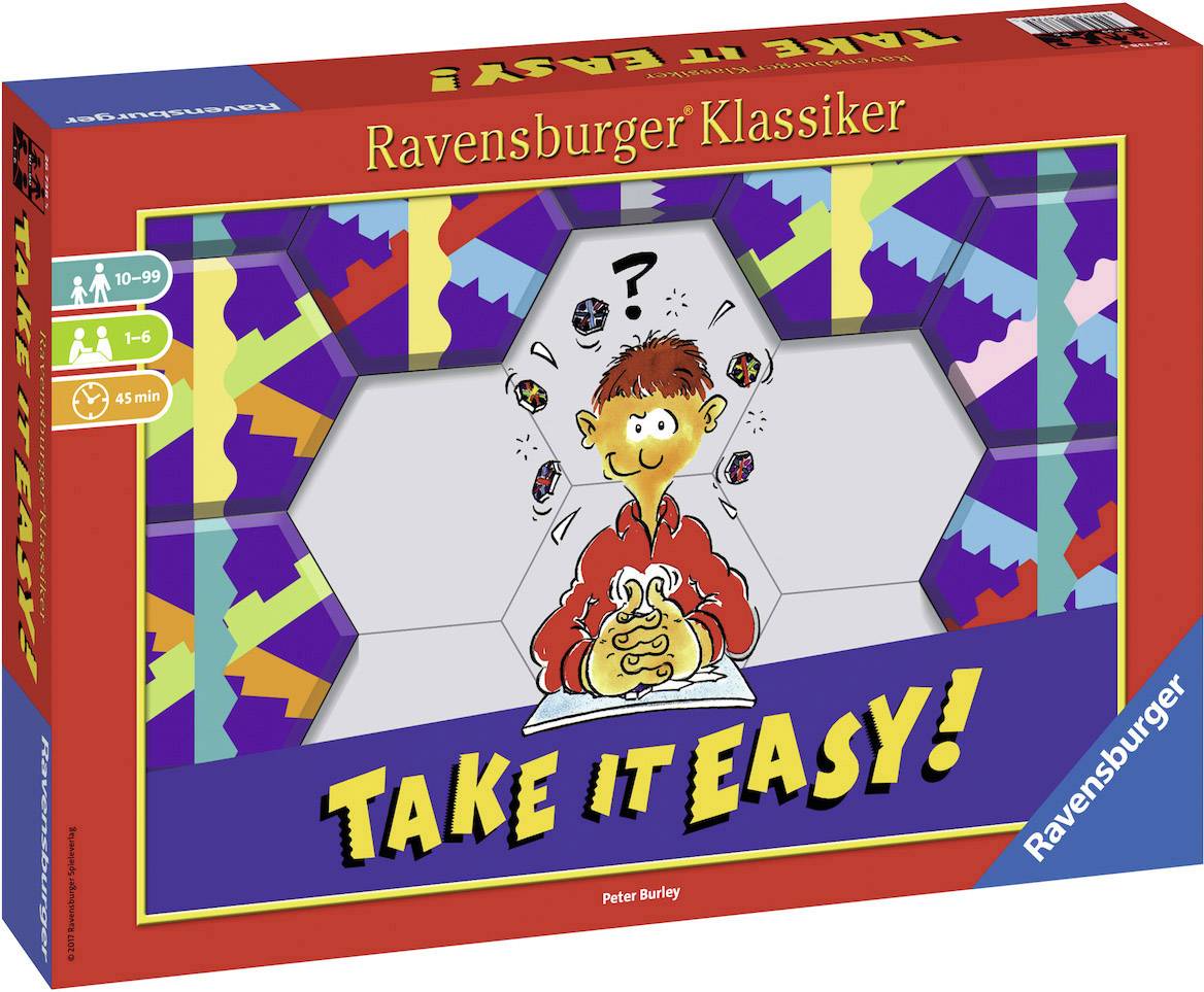 Brettspiel 'Take it Easy' von Ravensburger für 1-6 Spieler ab 10 Jahren, Spieldauer ca. 45 Minuten. Enthält farbige Puzzles.