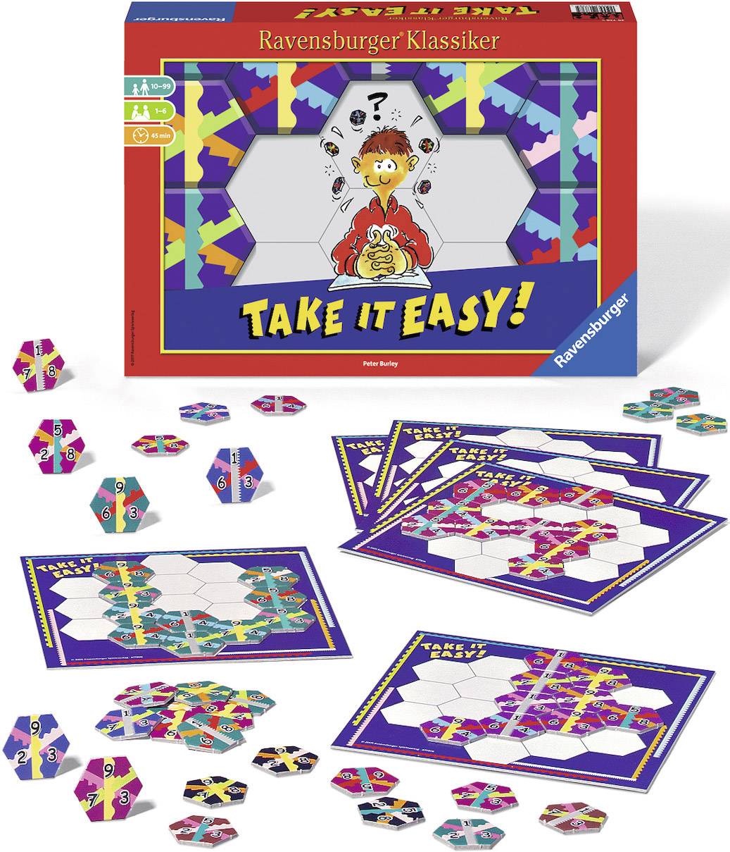 'Take It Easy!' Brettspiel von Ravensburger mit Kärtchen und Spielbrettern, geeignet für 1-6 Spieler, ab 10 Jahren. Box mit buntem Design.