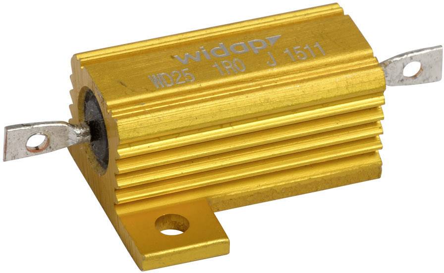 Goldener Widerstand mit Kühlrippen, zwei Metallanschlüssen seitlich und der Aufschrift 'widap WD25 1RO J 1511'.