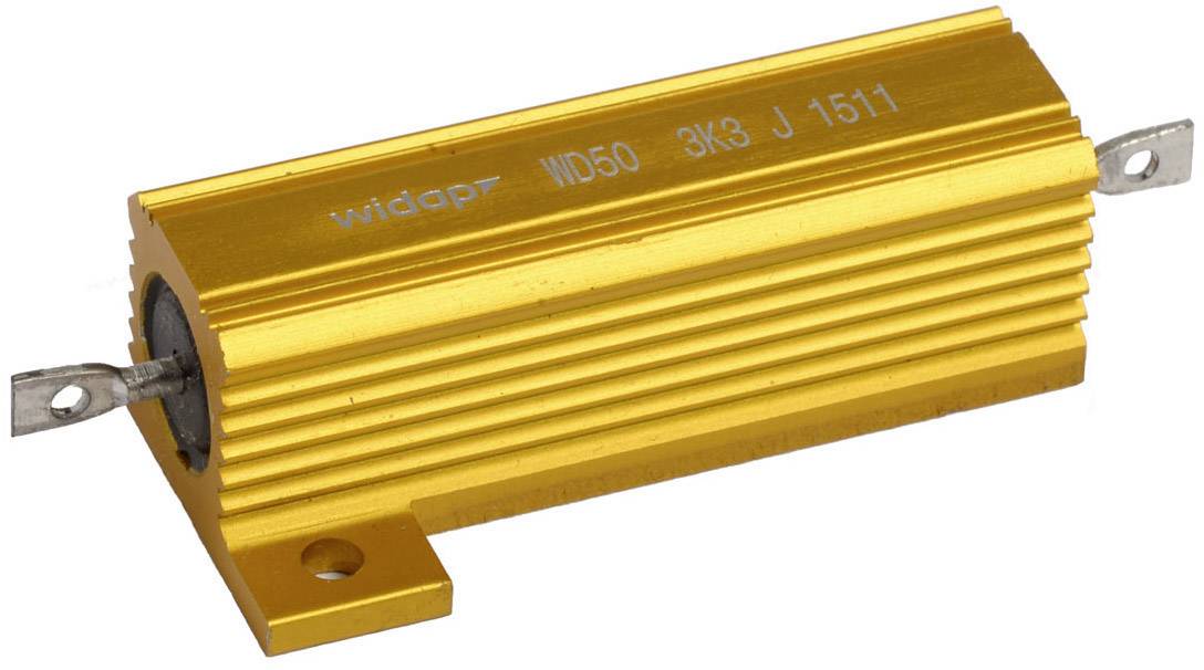 Gelber, zylindrischer elektrischer Widerstand mit Beschriftung 'Widap WD50 3K3 J 1511', montierbar durch Laschen an den Enden.
