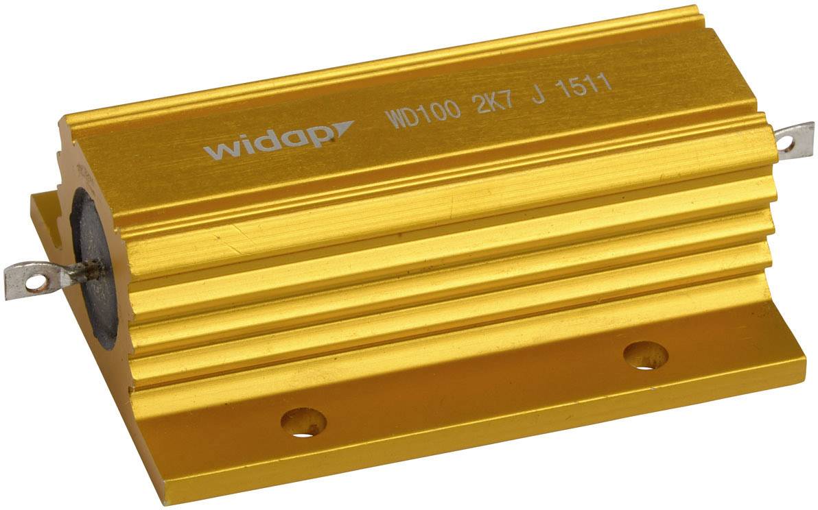 Ein goldfarbener elektrischer Widerstand mit zwei Anschlussklemmen. Aufschrift: 'widap WD100 2K7 J 1511'.