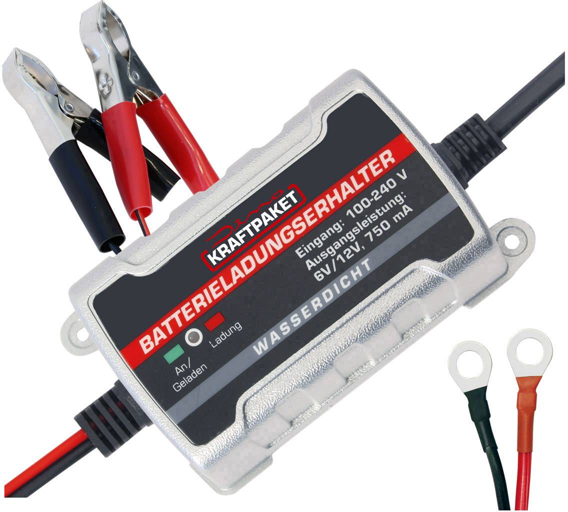 Ein silbernes Batterieladegerät mit einem Etikett 'Batterieladungserhalter'. Links Klemmen, rechts Kabel mit Ringanschlüssen.