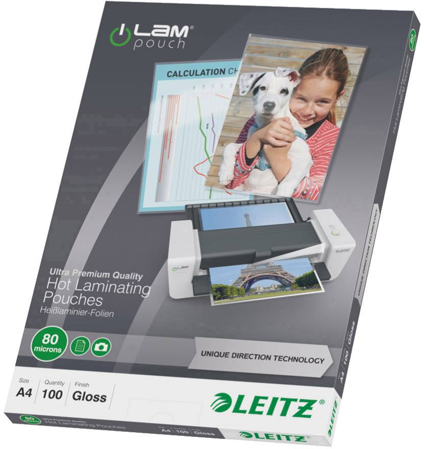 Verpackung einer Leitz Laminierfolien-Box. Zeigt ein Laminiergerät und laminiertes Foto, mit Text 'Hot Laminating Pouches', A4, 100 Stück, 80 Mikron.