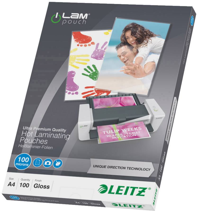 Verpackung für Laminierfolien, A4, 100 Stück, Glanz, zeigt eine Hand, ein lächelndes Paar und ein laminiertes Foto auf einem Laminiergerät.