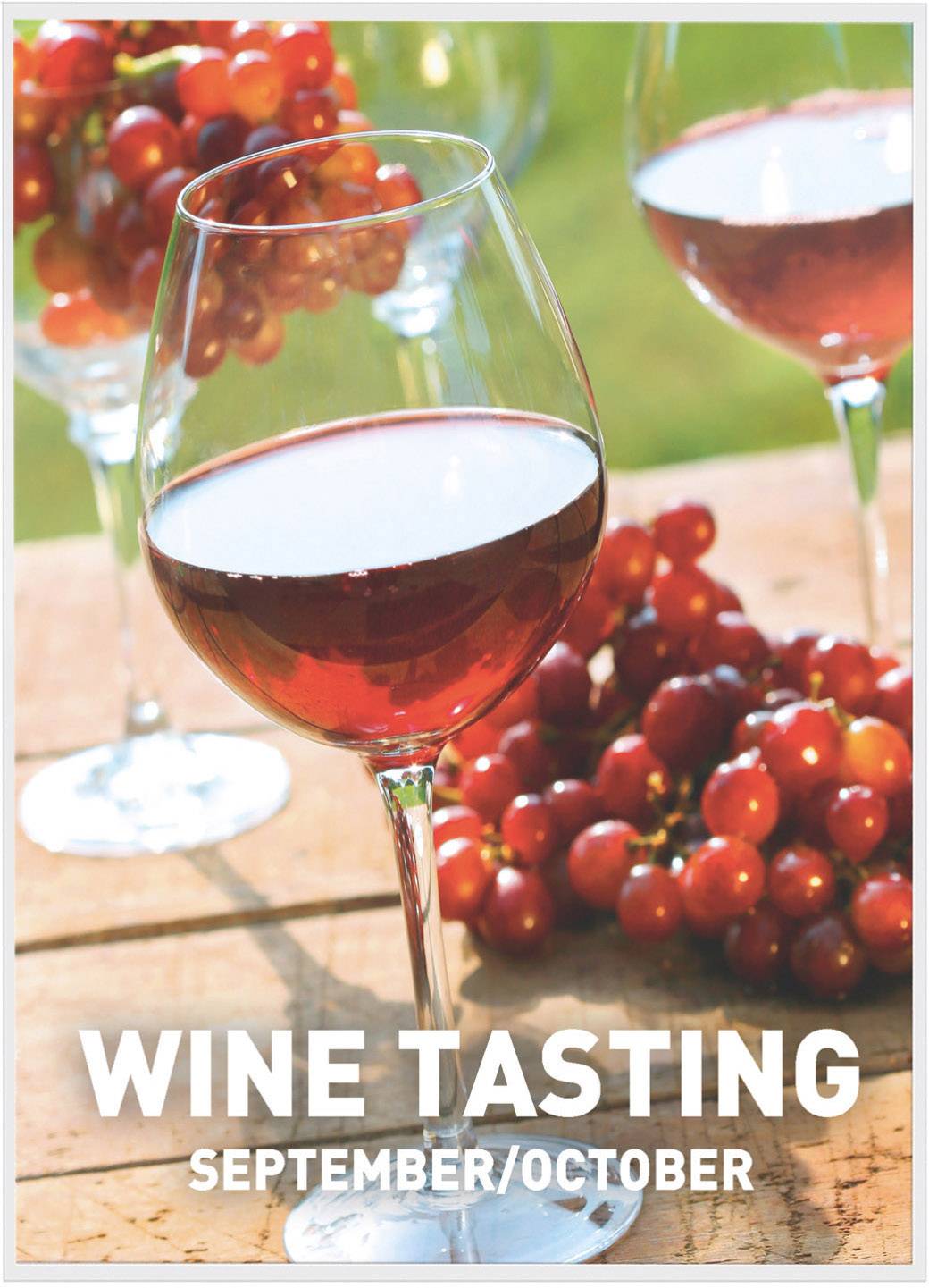 Weingläser mit Rotwein auf Tisch, umgeben von Weintrauben. Text: 'Wine Tasting September/October'.
