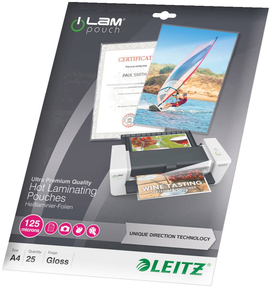 Titelbild einer Packung Laminierfolien der Marke Leitz. Zeigt ein Zertifikat und ein Foto eines Segelbootes, laminiert und glänzend.