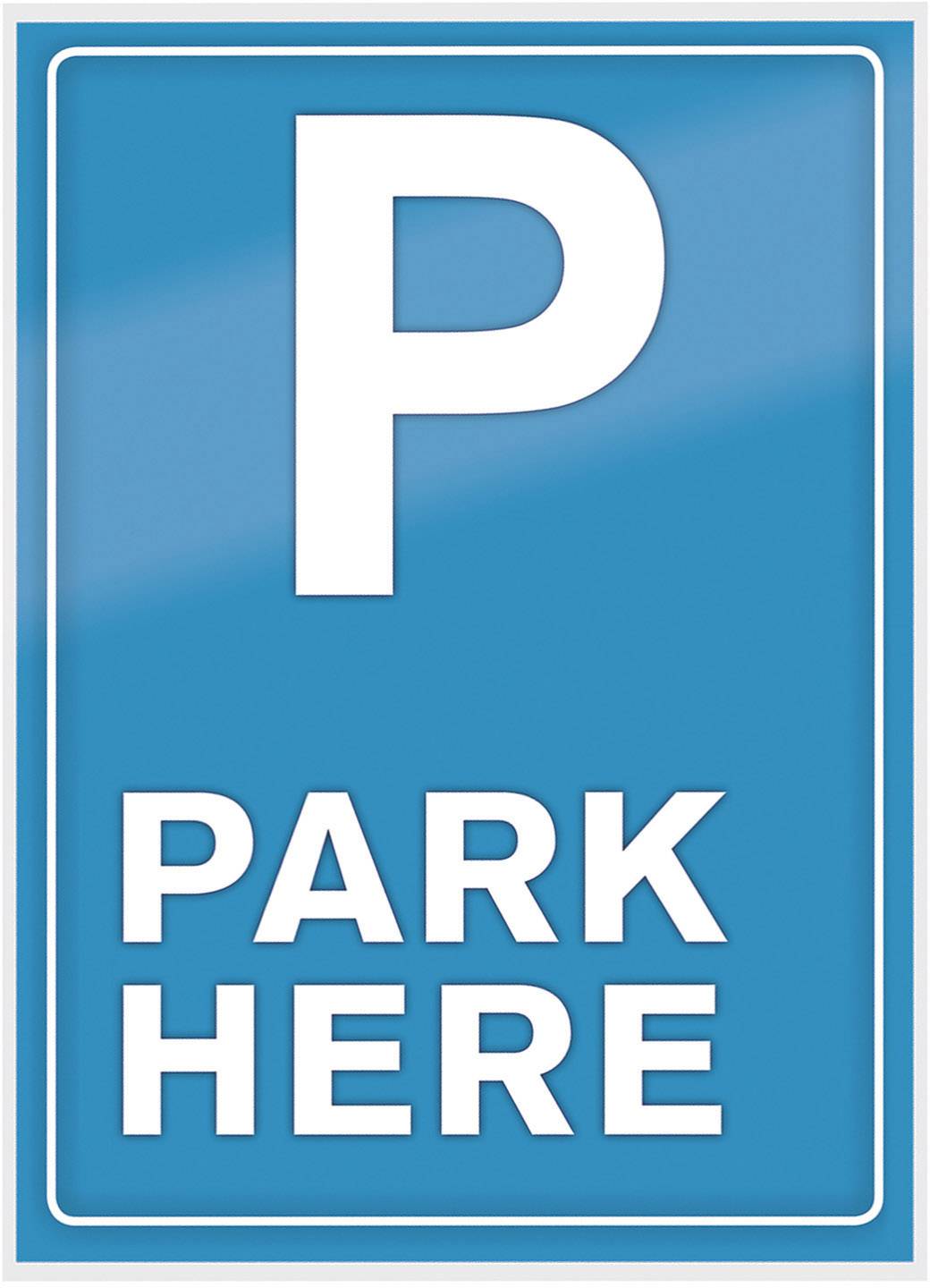 Blaues Schild mit großem weißen Buchstaben 'P' darüber der Text 'PARK HERE', weist auf Parkmöglichkeit hin.