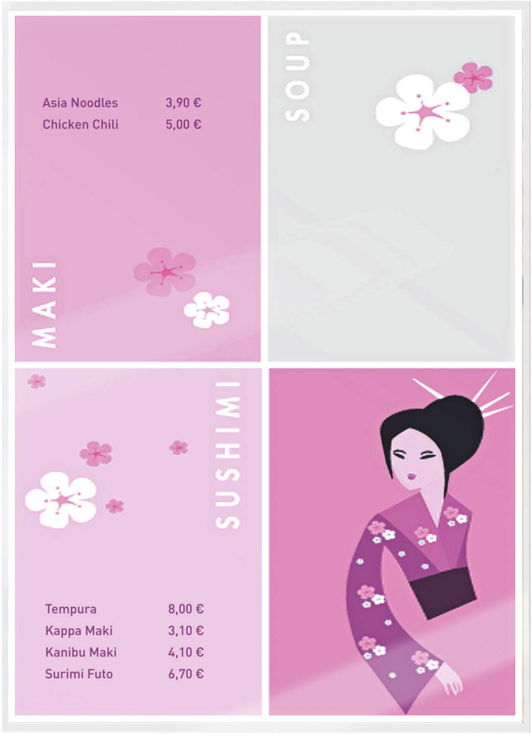 Speisekarte mit asiatischen Gerichten: Maki, Sushi, Suppen. Preise in Euro: Asia Noodles 3,90, Chicken Chili 5,00, Tempura 8,00.