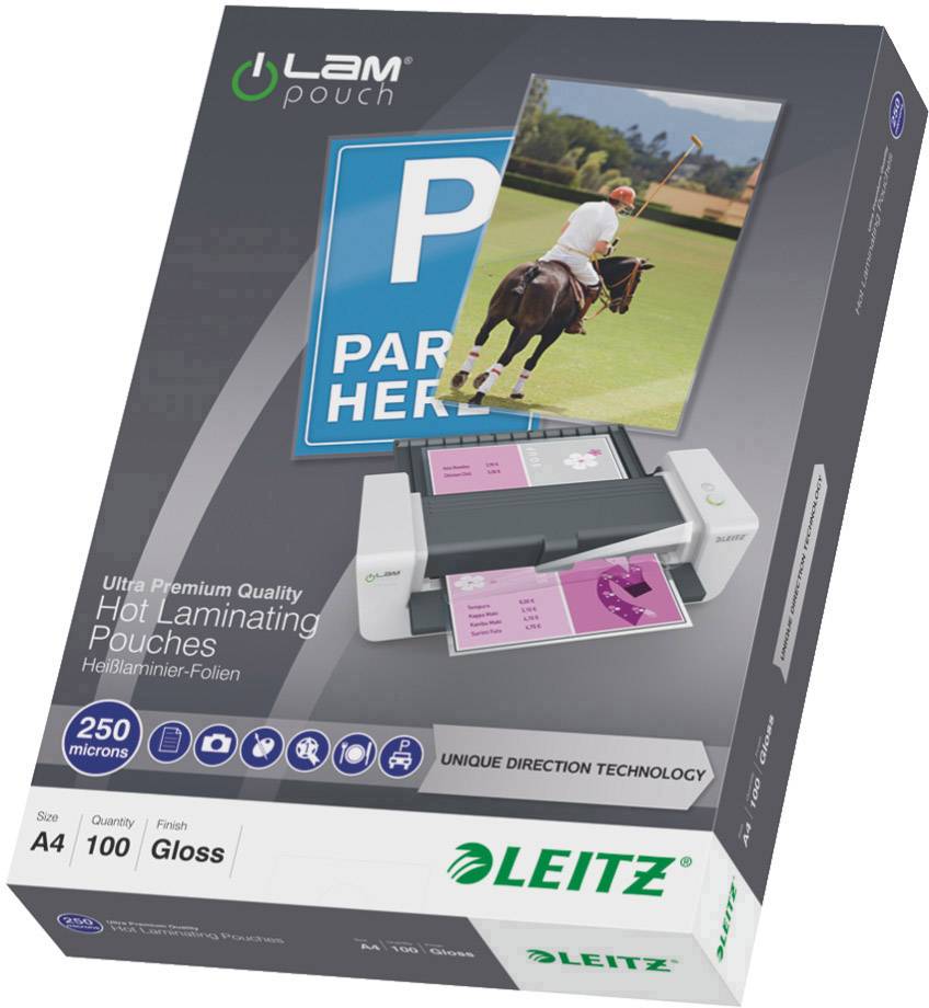 Verpackung für Leitz Laminierfolien mit einem Bild eines Pferderennens. Enthält Details über Größe, Menge und Glanzmaterial.