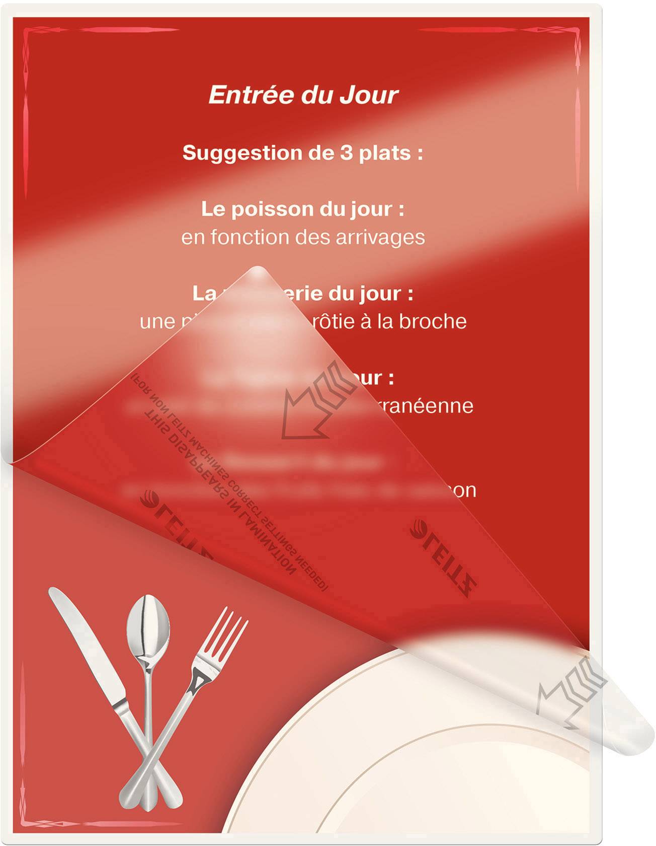 Speisekarte im französischen Stil mit Menüvorschlägen: Fisch und Braten. Besteck und Teller abgebildet.