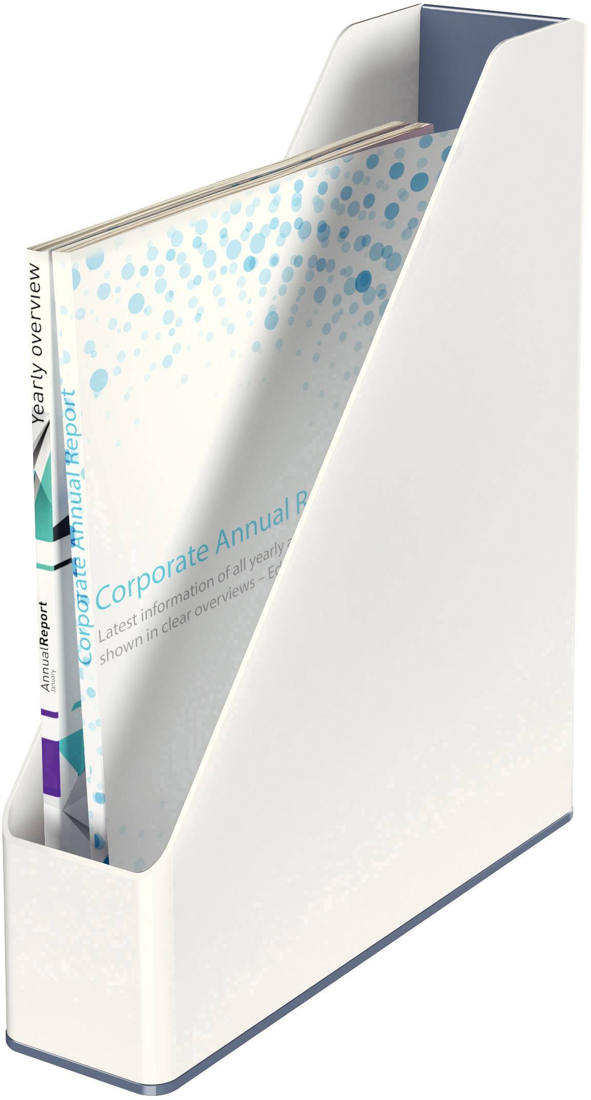 Zeitschriftenhalter mit zwei Dokumenten: 'Corporate Annual Report' und 'Yearly Overview'. Regal-artige offene Seite zeigt Titel der Berichte.