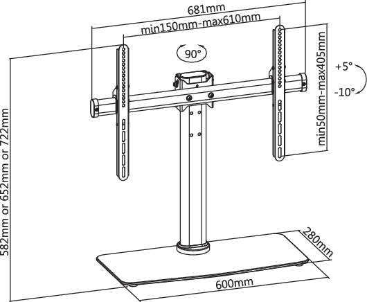 TV-Ständer-Maße: Höhe 582-722mm, Breite 681mm, Tiefe 280mm. Neigung: -10° bis +5°. Bildschirmhöhe 150-405mm, Breite 150-610mm.