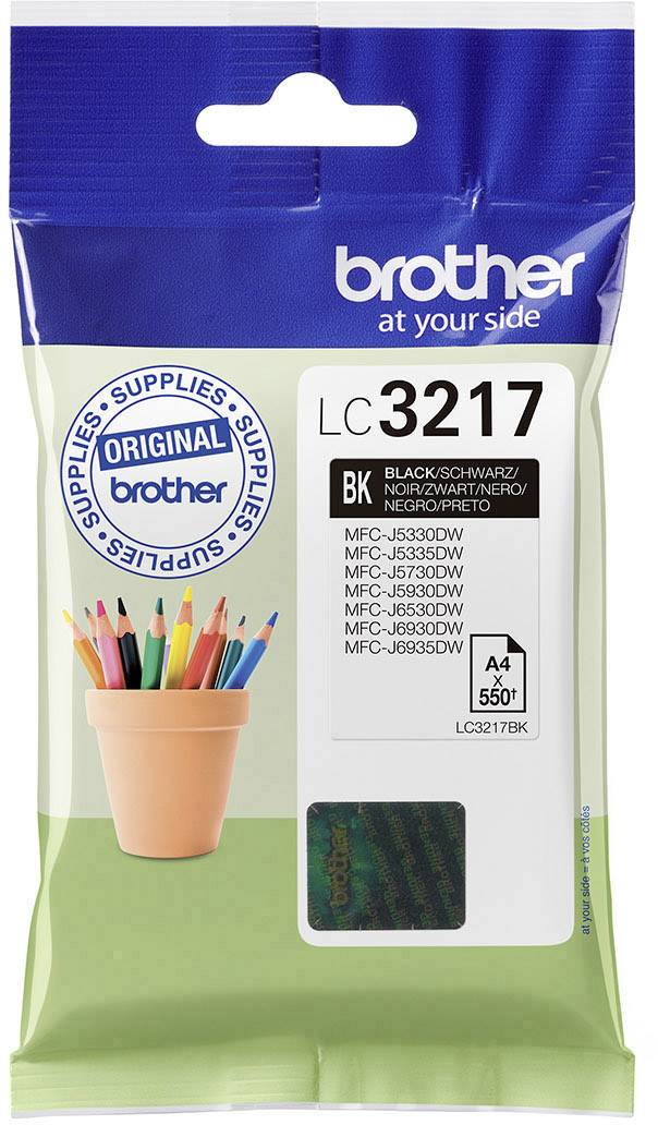 Verpackung für Brother LC3217BK Tintenkartusche in Schwarz. Geeignet für mehrere Brother Druckermodelle. Kapazität: 550 Seiten.