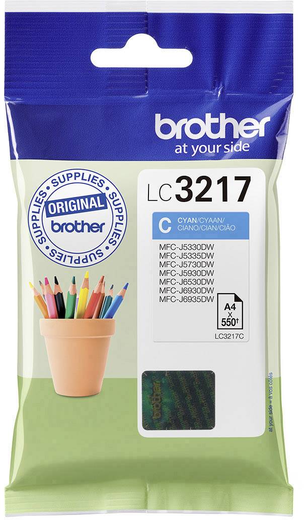 Verpackung einer Brother Druckerpatrone LC3217 in Cyan. Enthält symbolisches Bild eines Topfs mit Buntstiften. Geeignet für mehrere MFC-Modelle.