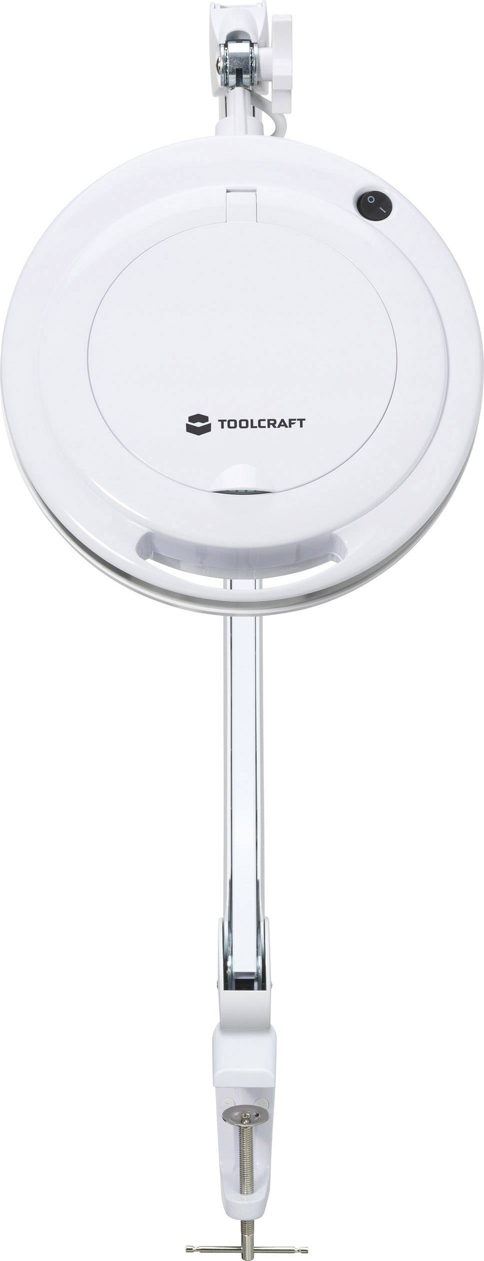 Runder weißer Kabelaufroller mit Halterung und sichtbarem 'TOOLCRAFT'-Logo. Ideal zum Organisieren von Kabeln in Werkstätten.