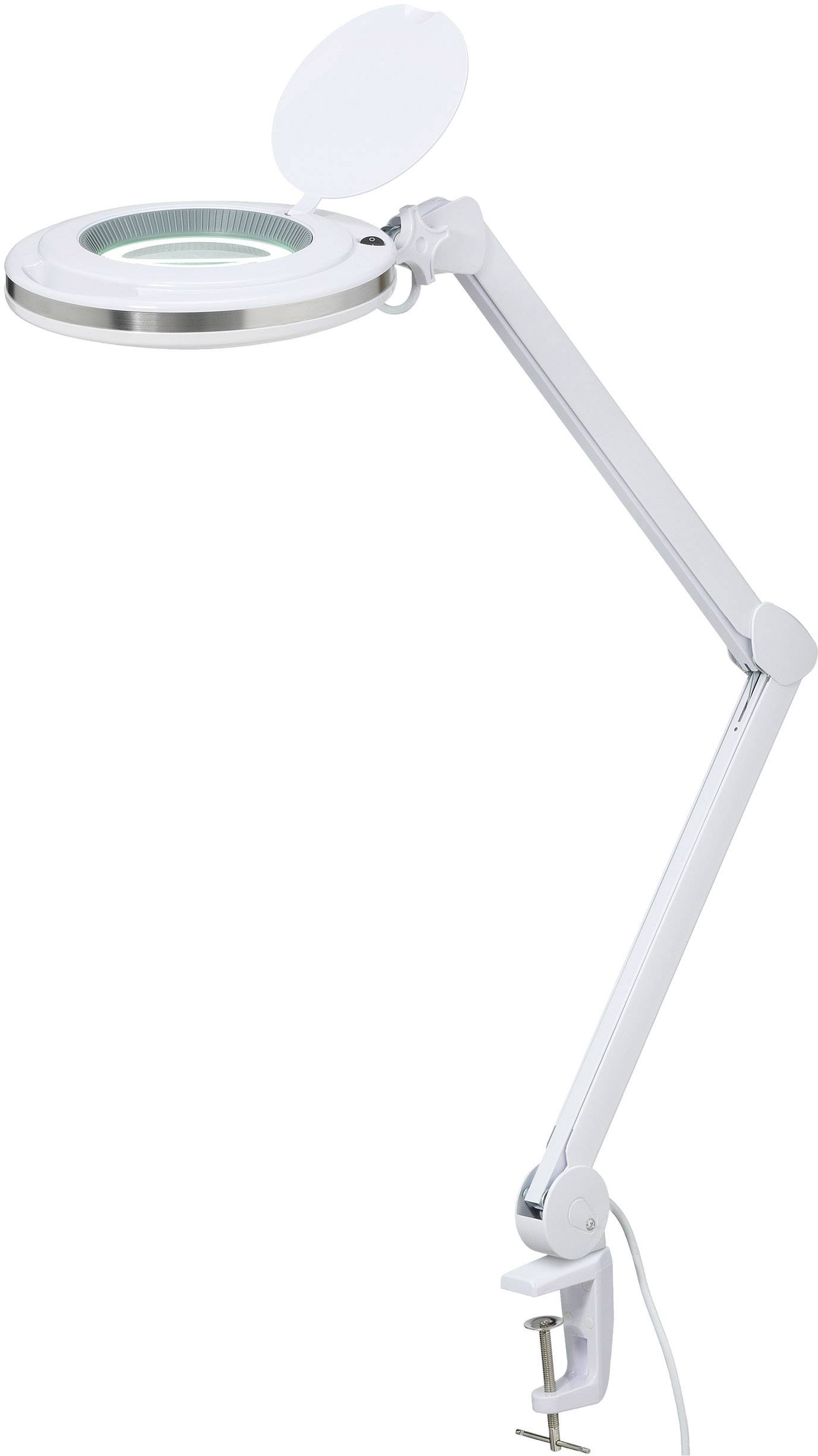 Verstellbare Lupenlampe mit Rundlupe, LED-Beleuchtung und Tischklemme für präzise Arbeiten an einem Arbeitsplatz.