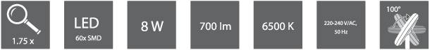 'Lupe 1,73x', 'LED 60x SMD', '8 Watt', '700 Lumen', '6500 Kelvin', '220-240V/AC, 50HZ', '100° Abstrahlwinkel'.