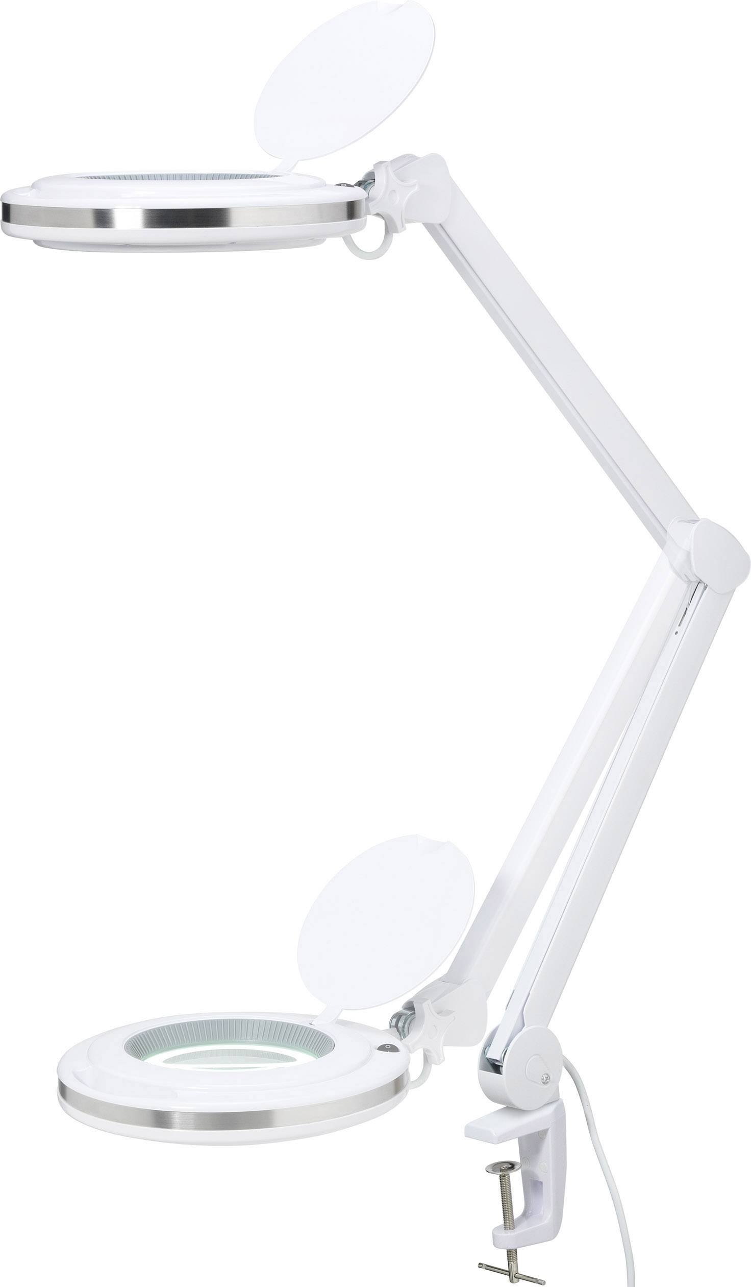 Weiße Tischlampe mit verstellbarem Arm und integrierter Lupe. Geeignet für detaillierte Arbeiten und Hobbyzwecke.