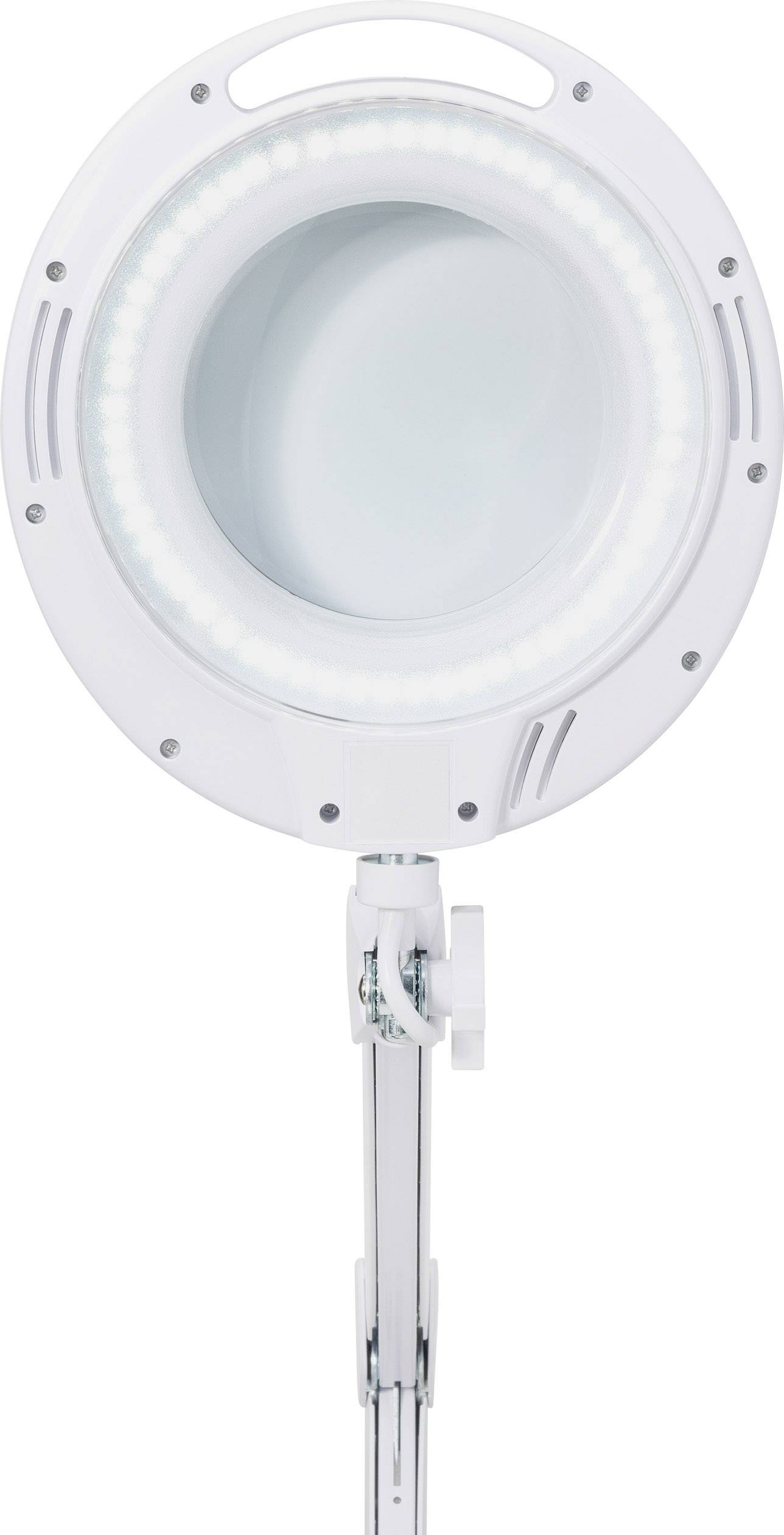 Eine weiße Lupenlampe mit runder Form und LED-Beleuchtung, auf einem verstellbaren Arm montiert, geeignet für präzise Arbeiten.